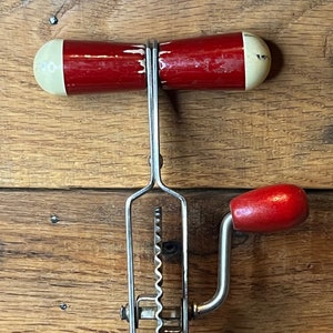 Vintage A&J Stainless Steel and Fading Red Wooden Handled Egg Beater/Farmhouse Kitchen Egg Beater/Collectible Kitchen Tools and Gadgets