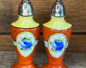 Vintage Japanese Lusterware Salt & Pepper Shakers: Blue Flower Ceramic Set