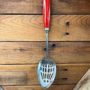 Vintage Slotted Serving Spoon Red Painted Handle Made in USA Kitchen Utensil Gadget Prop Food Prep Collectible Decor