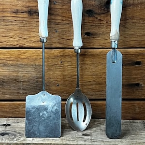 Vintage Children&#39;s Kitchen Utensils (3) Spatula, A&J Slotted Spoon, and Cake Spatula, Wooden handle, Rustic, Farmhouse Kitchen