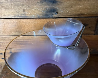 Vintage MCM Blendo Frosted Purple Chip & Dip Bowl Set with Bracket