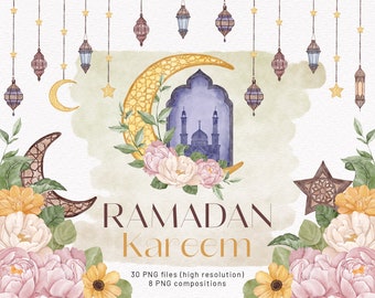 Ramadan Watercolor Clipart. Eid Mubarak. Islamic Lantern. Muslim Moon Star. Arabic Sublimation Sticker. Spring Flowers. Floral Graphics PNG