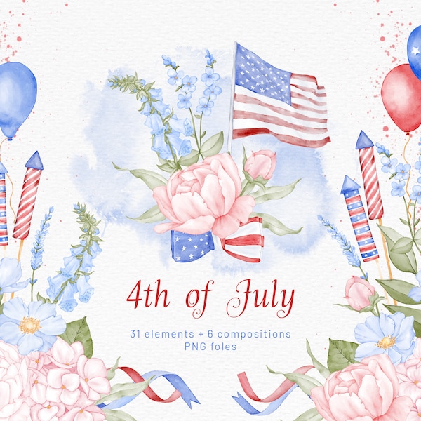 4th Of July Clipart Watercolor Red White Blue Flowers Clipart USA Independence Day Patriotic Floral Bouquets PNG Fourth Of July Party BBQ