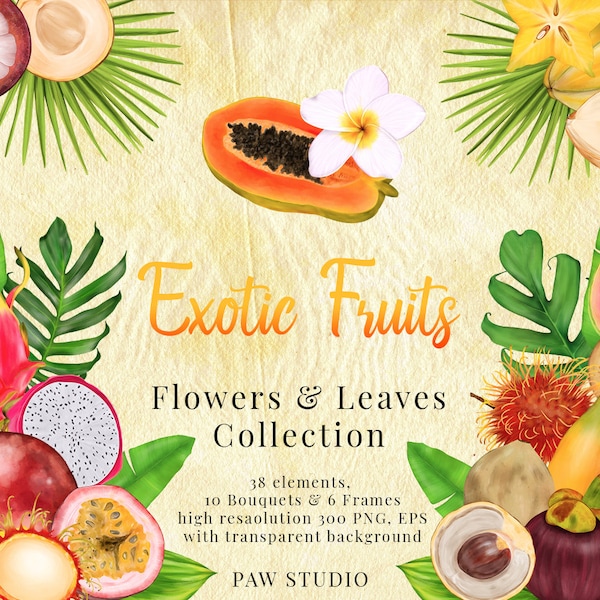 Tropical Fruits Clipart Flowers Palm Leaves Exotic Floral Frame Bouquet Wreath Borders Summer Food Papaya Plants Vacation Invitation PNG 034