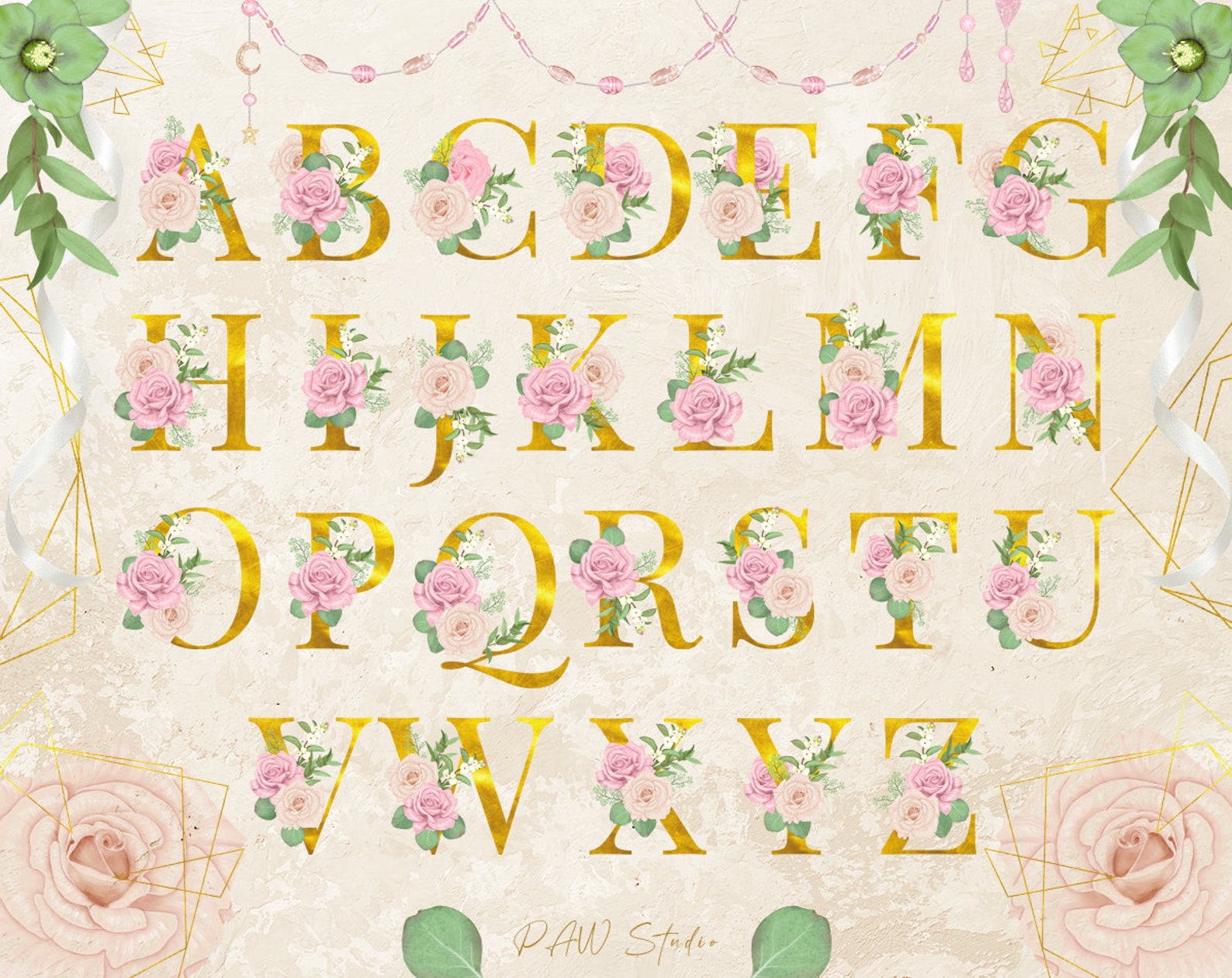 Boho Floral Alphabet Clipart Blumen Rosen Gold Buchstaben Etsy.de