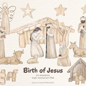 Religious Christmas Clipart  Holy Night  Boho Christmas Clipart Nativity Christmas Watercolor Birth Jesus Angel Merry Christmas Holiday PNG