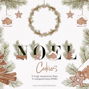 Christmas Cookies Clipart Noel Gingerbread House Watercolor Winter Pine Xmas Wreath Letters Sticker Sublimation Holiday Treats Graphics PNG