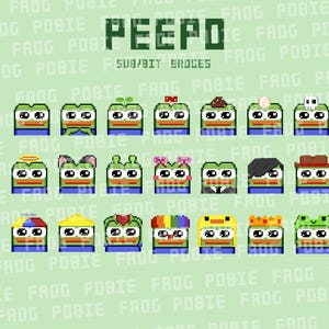 以下が含まれることがあります： さまざまな帽子やアクセサリーをつけた緑色のカエルを描いた、16個のピクセルアート画像のコレクションです。カエルは、王冠、カウボーイハット、花冠、ハローなど、さまざまな帽子をかぶっています。カエルはまた、ネクタイ、蝶ネクタイ、サングラスなど、さまざまなアクセサリーも着用しています。画像の上部には「PEEPO SUBBIT BROGES」というテキストがあります。
