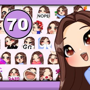 70 emotes Chibi Girl Twitch (femme ANNE : cheveux bruns | yeux bruns | peau pâle) pour Discord Youtube et n'importe quel flux ou chat