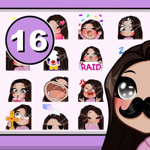 Pode incluir: Uma coleção de 16 adesivos em estilo cartoon com uma mulher de cabelo castanho comprido, cada um mostrando uma emoção diferente. Os adesivos incluem expressões de alegria, raiva e surpresa. Um grande rosto de desenho animado com bigode está à direita.