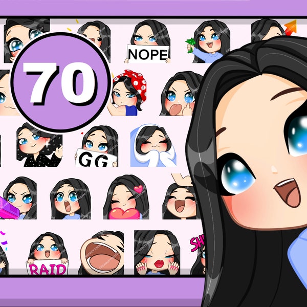 Pack de 70 emotes Twitch Chibi Girl (Iris | Cheveux noirs | Yeux bleus | Peau pâle) pour Discord Youtube et n'importe quel flux ou chat