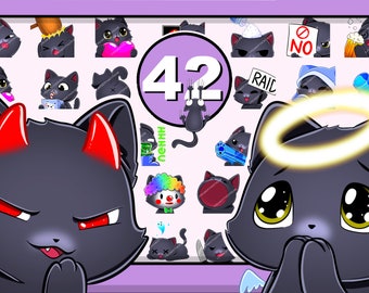 42 BLACK CAT Emotes Mega Pack | cute chibi kitten furry pet sweet kitty black cats nice good discord twitch youtube big bundle soft persian
