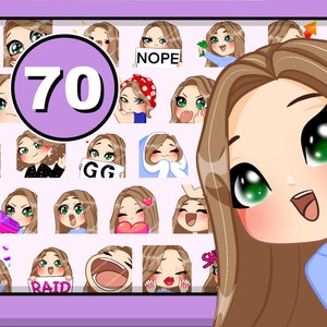 70pcs Chibi Girl Twitch emotes ( female SARAH : light brown hair | emerald eyes | pale skin ) bundle pack for Discord Youtube and any stream
