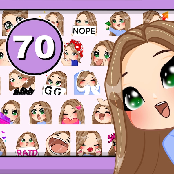 Pack de 70 emotes Chibi Girl Twitch ( SARAH : cheveux châtain clair | yeux émeraude | peau pâle ) pour Discord Youtube et n'importe quel stream