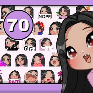 70pcs Chibi Girl Twitch emotes ( female Cindy: black hair | brown eyes | latte skin ) bundle pack for Discord Youtube and any stream or chat