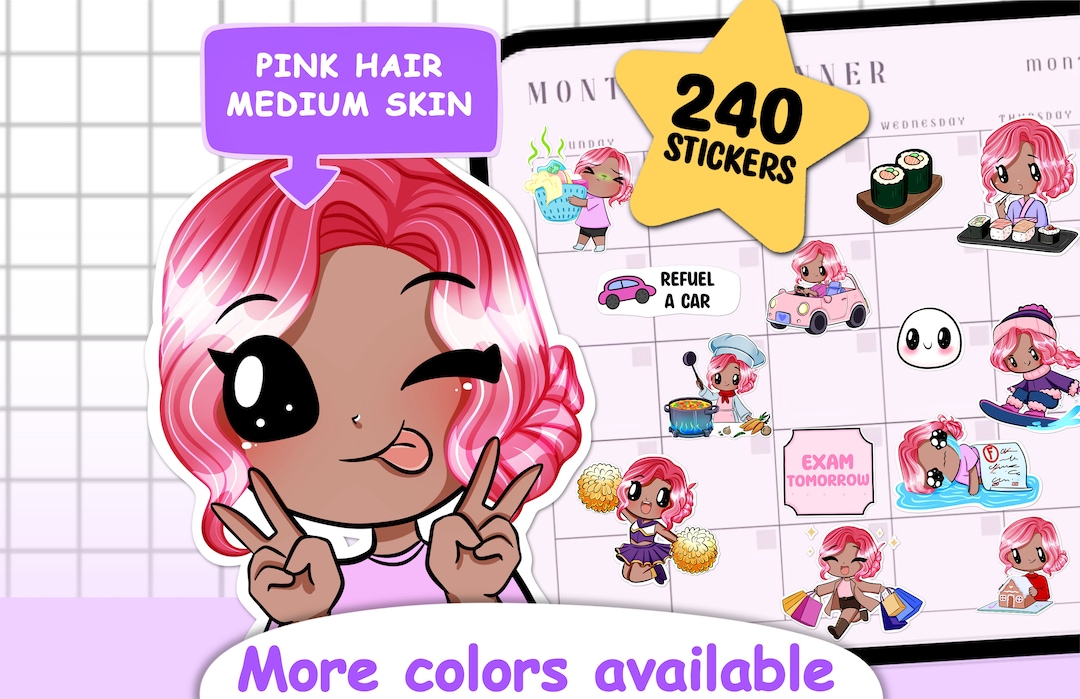 Megan Pattern Sticker Customizable 240pcs Functional Everyday Stickers ( Megan | Pink Hair ...