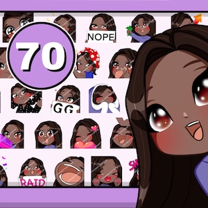 70pcs Chibi Girl Twitch emotes ( Innes | Dark brown hair | Brown eyes | Mocha skin ) bundle pack for Discord Youtube and stream chat