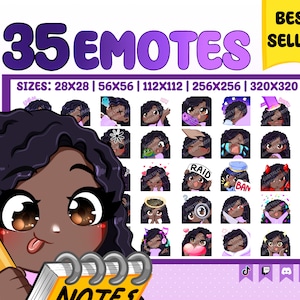 Wavy hair Twitch emotes Chibi girl ( black curly hair, mocha skin, brown eyes ) pack #110