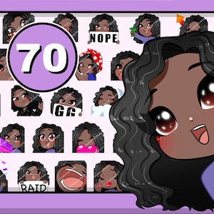 70 個のかわいい女の子の Twitch 絵文字 (ニコール | 巻き毛の黒髪 | 茶色の目 | モカ肌) Discord 絵文字 | ストリーミング絵文字 | Discord ステッカー