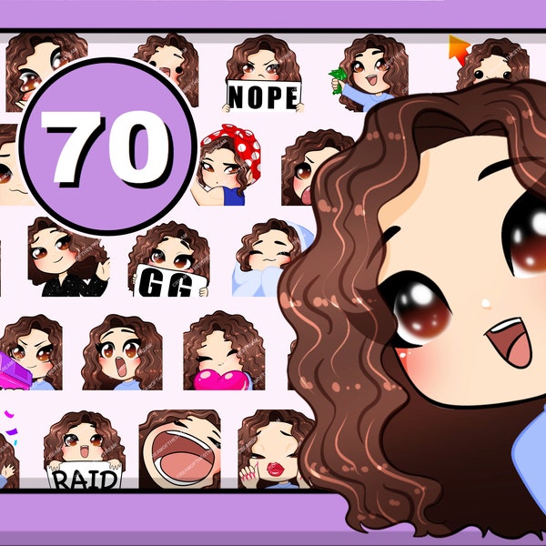 70pcs Cute Girl Twitch emotes ( Anne | Curly Brown hair | Brown eyes | Pale skin ) Discord emotes | Streaming assets | Discord stickers