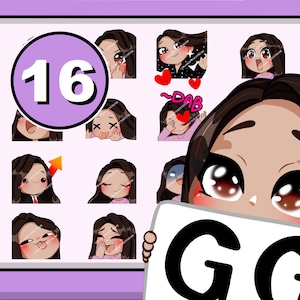 Twitch emot 16pcs ( girl ZOE : dark brown hair | brown eyes | latte skin )