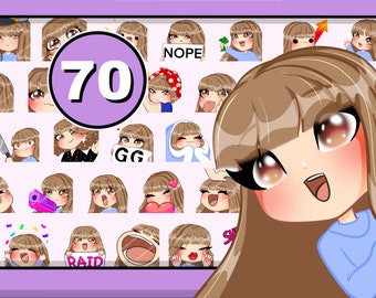 70 個の Chibi Girl Twitch エモート (女性 XENA FRINGE: 明るい茶色の髪 | ヘーゼル色の目 | 青白い肌) Discord YT 用バンドル パック (前髪付き)