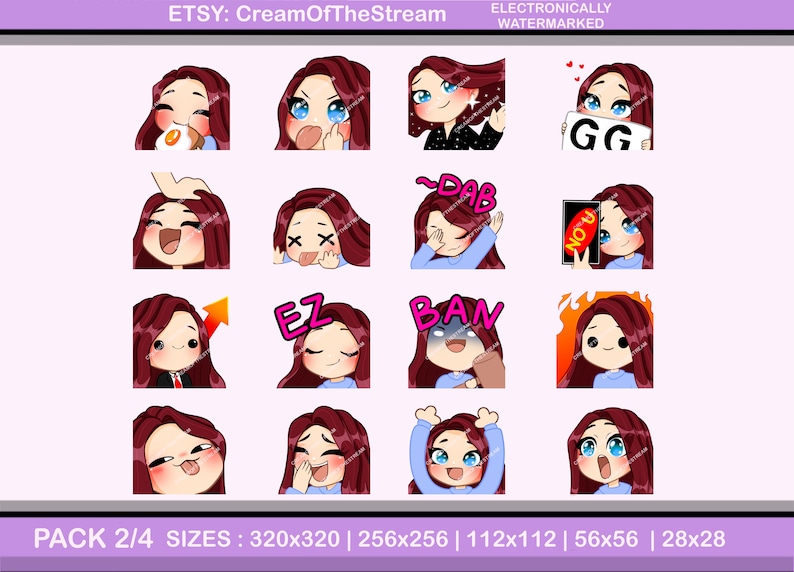 Discord Emojis Emotes Twitch 70pcs Megan Maroon Hair Blue Eyes Pale