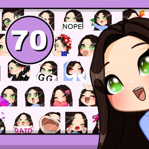 70pcs Chibi Girl Twitch emotes ( female SANDY: dark brown hair | green eyes | pale skin) bundle pack for Discord YT & any stream or chat