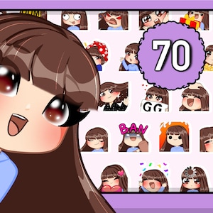 70pcs Chibi Girl Twitch emotes ( female Anne FRINGE : brown hair | brown eyes | pale skin ) bundle pack for Discord YT  with Bangs