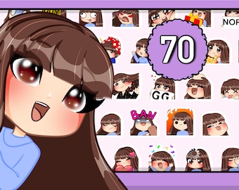 70 個の Chibi Girl Twitch エモート (女性 Anne FRINGE: 茶色の髪 | 茶色の目 | 青白い肌) Discord YT 用バンドル パック (前髪付き)