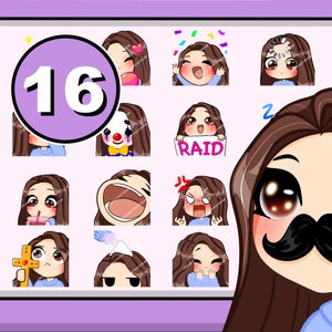 Twitch エモートパック 16 個 (女の子 ANNE: 茶色の髪 | 茶色の目 | 青白い肌)