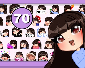 70 個の Chibi Girl Twitch エモート (女性 Sadie FRINGE: ダークブラウンの髪 | 茶色の目 | 青白い肌) Discord YT 用バンドル パック (前髪付き)