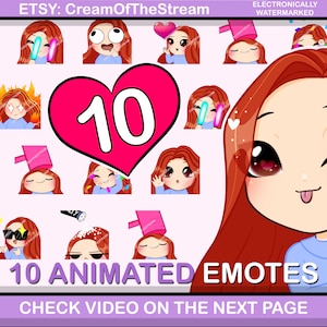 Puede incluir: Un conjunto de 10 emoticonos animados que presentan a una niña de dibujos animados con cabello rojo. Los emoticonos están en una variedad de poses y expresiones, incluyendo guiñar un ojo, sacar la lengua y sostener un corazón. El texto "10 ANIMATED EMOTES" está escrito en letras blancas grandes sobre un fondo rosa. El texto "CHECK VIDEO ON THE NEXT PAGE" está escrito en letras blancas más pequeñas sobre un fondo morado.