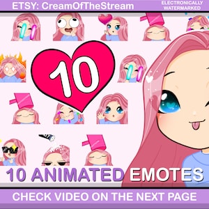 10pcs ANIMATED emotes for girls for Twich or Discord ( girl FEMKE : pink hair | blue eyes | pale skin )