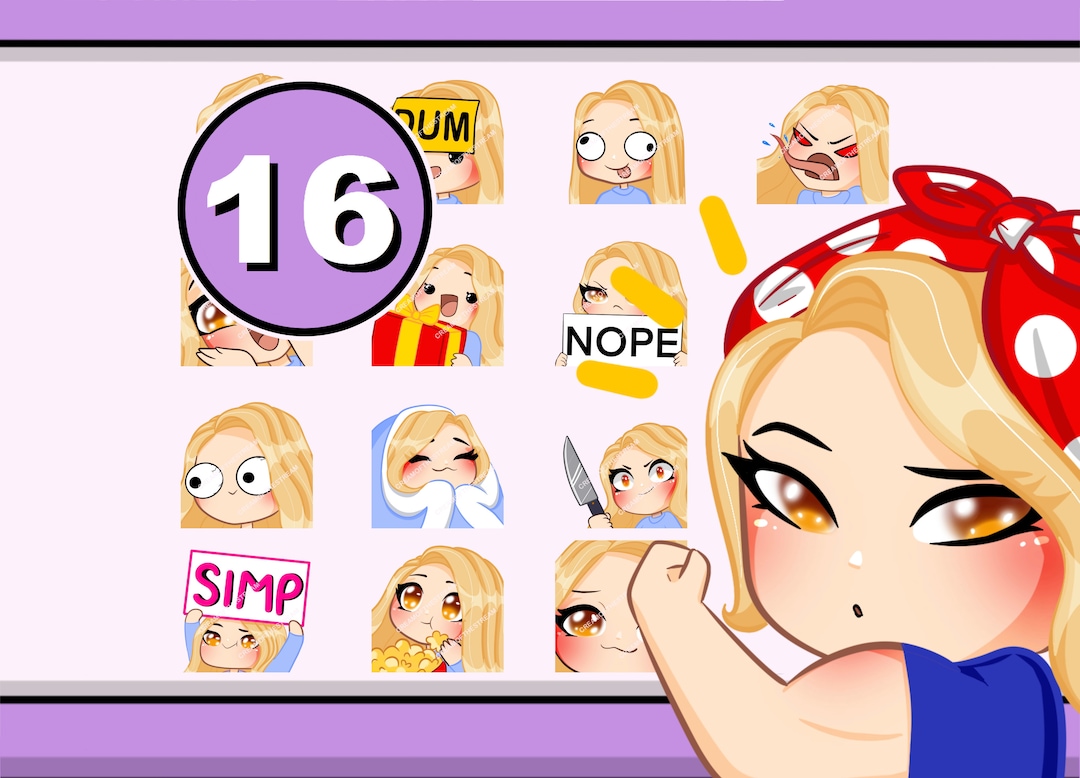Twitch Emojis 16pcs Girl OLGA Blond Hair Honey Eyes Pale Skin Etsy