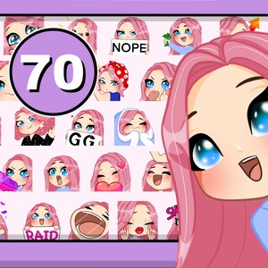 May include: A set of 70 animated emojis featuring a pink-haired cartoon character with blue eyes. The emojis show different expressions and actions, including winking, laughing, and holding a gun. The character is also shown wearing a blue shirt and holding a sign that says "GG".