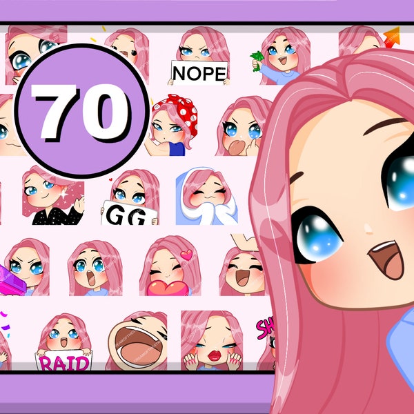 70pcs Chibi Girl Twitch emotes ( female FEMKE : pink hair | blue eyes | pale skin ) bundle pack for Discord Youtube and any stream or chat