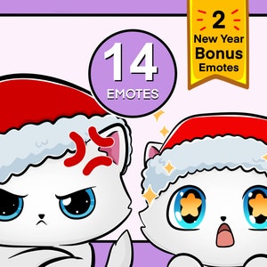 14 Christmas White Cat Emotes | Cute kitty emotes | Twitch cats emotes | Kawaii emotes twitch | p2u emotes | Emote pack | Digital art