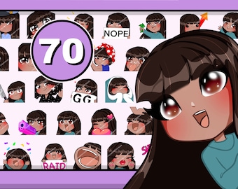 70 個の Chibi Girl Twitch エモート (ネル | フリンジ ダーク ブラウン ヘア | ブラウン アイ | カーメル スキン) バンドル パック (Discord YT 用、前髪付き)