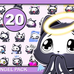 Pode incluir: Um conjunto de 20 adesivos digitais com um gato de desenho animado preto e branco com uma auréola. O gato tem olhos grandes e é mostrado em várias poses e expressões. O texto "ANGEL PACK" está na parte inferior da imagem.