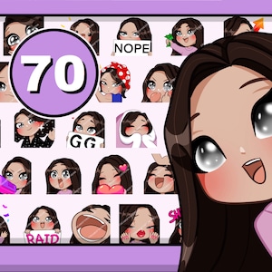 70pcs Chibi Girl Twitch emotes ( Sylvia | Dark Brown hair | Grey eyes | Latte skin ) bundle pack for Discord Youtube and stream chat