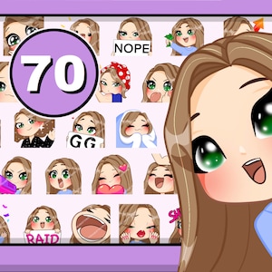 Discord emotes stickers 70pcs ( girl SARAH : light brown hair | emerald eyes | pale skin )