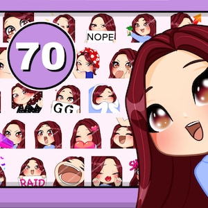 70pcs Chibi Girl Twitch emotes ( female DIANE: maroon hair | hazel eyes | pale skin ) bundle pack for Discord Youtube and any stream or chat