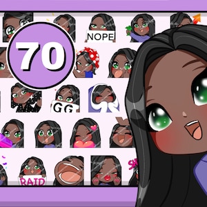 Pack de 70 emotes Chibi Girl Twitch (femmes d&#39;Asie : cheveux noirs | yeux émeraude | peau moka) pour Discord Youtube et n&#39;importe quel flux ou chat