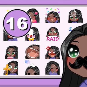 16 émoticônes Egirl (fille ASIE : cheveux noirs | yeux émeraude | peau moka)