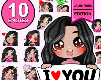 Valentines Day emotes Kawaii girl p2u emotes ( Cindy | Black hair | Brown eyes | Pale skin) Valentine emotes | Twitch emote pack | Discord