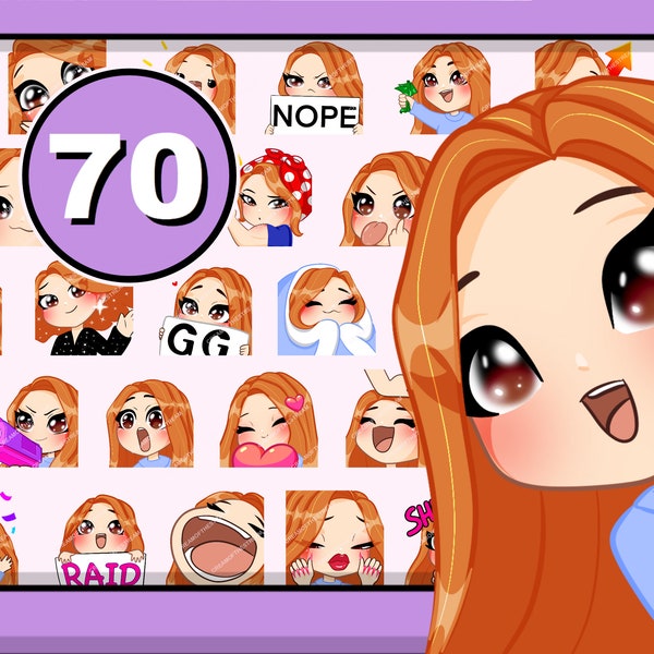 70pcs Chibi Girl Twitch emotes ( female FELICIA : ginger hair | brown eyes | pale skin ) bundle pack for Discord Youtube and any stream