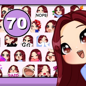 70pcs Chibi Girl Twitch emotes ( female JANE : maroon hair | brown eyes | pale skin ) bundle pack for Discord Youtube and any stream or chat
