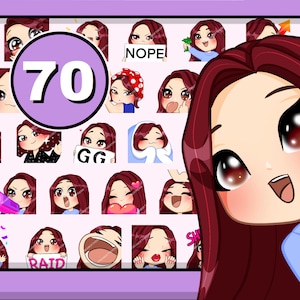 Kick emote | emotes for Twitch Discord 70pcs set ( girl JANE : maroon hair | brown eyes | pale skin )