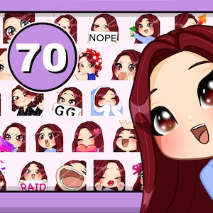 70pcs Chibi Girl Twitch emotes ( female JANE : maroon hair | brown eyes | pale skin ) bundle pack for Discord Youtube and any stream or chat